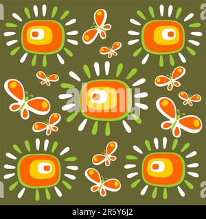 Cartoon flowers and butterflies on a green background. Stock Vector