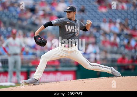 Philadelphia Phillies' Josh Harrison singles in the second inning of a  baseball game against the Washington Nationals, Saturday, June 3, 2023, in  Washington. J.T. Realmuto scored on the play. (AP Photo/Patrick Semansky