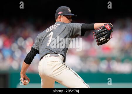 Philadelphia Phillies' Josh Harrison singles in the second inning of a  baseball game against the Washington Nationals, Saturday, June 3, 2023, in  Washington. J.T. Realmuto scored on the play. (AP Photo/Patrick Semansky