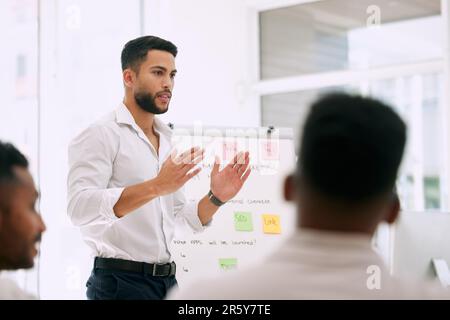 Presentation, speaking and business people with mentor in meeting for career planning, ideas and team mission. Presenter, man or leader talking to Stock Photo