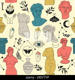 Seamless pattern Greek ancient sculpture mystic. Hand drawn illustrations of antique classic statues in trendy bohemian style. Boho tattoo art. Heads Stock Vector