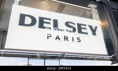 Bordeaux , Aquitaine  France - 05 29 2023 : Delsey paris logo sign and text brand on entrance of French company manufactures luggage and travel access Stock Photo