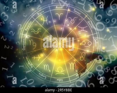 Numerology. Many numbers and zodiac wheel against sky Stock Photo