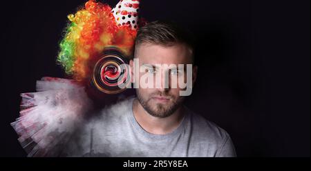Suffering from hallucination. Distorted image of clown behind man on black background Stock Photo