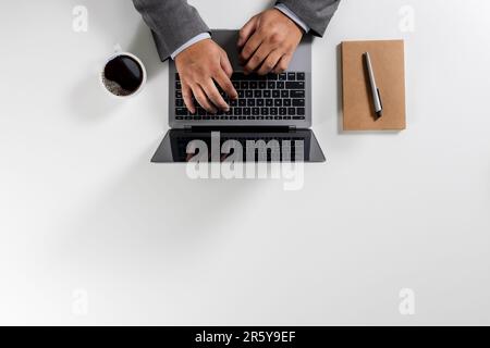 person happy using a computer notebook top view overhead copy workspace workplace planning top idea Stock Photo