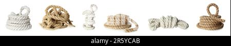 Set with bundles of different ropes on white background Stock Photo