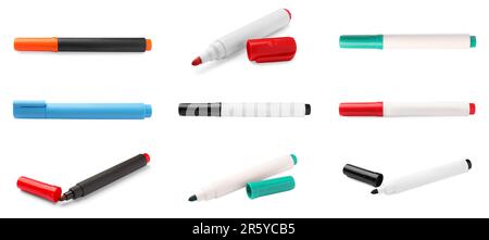 Collage of different bright colorful markers on white background Stock Photo