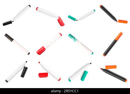 Collage of different bright colorful markers on white background Stock Photo