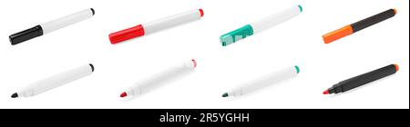 Collage of different bright colorful markers on white background Stock Photo