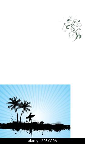 Silhouette of a surfer on a grunge palm tree background Stock Vector