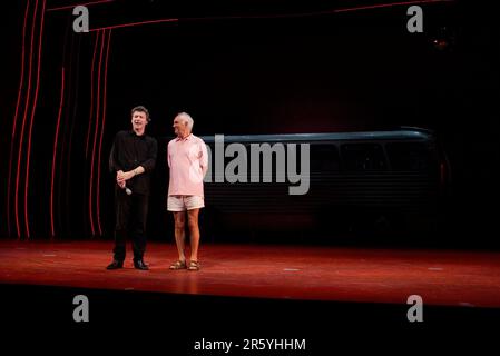 Simon Phillips (in black), Director of "Priscilla, The Musical", on stage at the Lyric Theatre in Star City Casino, Sydney, Australia, the venue for the musical. He is seen with Terence Stamp, star of "Priscilla, Queen of the Desert" movie. Stamp played the part of the Bernadette. Stock Photo