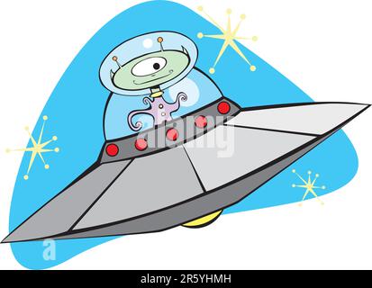 Retro Alien Flying Saucer with friendly Martian. Stock Vector