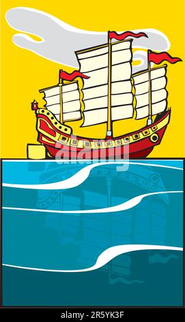 Chinese Junk on ocean with reflection on the water. Stock Vector