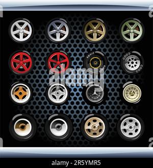 Various tyres and wheels. Simple gradients only - no gradient mesh. Stock Vector