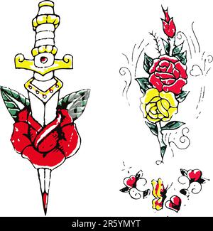 rose weapons sword tattoo Stock Vector