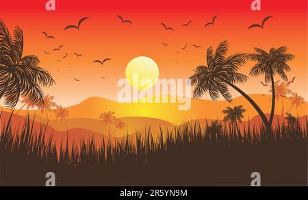 Landscape of Tropical Sunset with Palms and flying birds Stock Vector