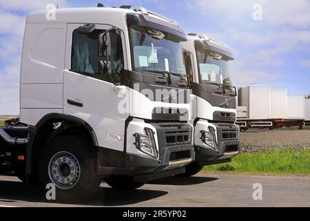 New, white Volvo FMX heavy duty truck for construction parked on a yard.  Front view, detail. Forssa, Finland. June 10, 2022 Stock Photo - Alamy