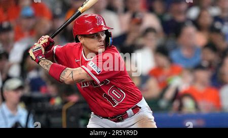 Los Angeles Angels' Gio Urshela (10) waits for a pitch during a