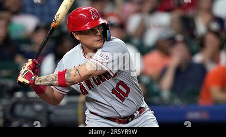 Los Angeles Angels' Gio Urshela (10) waits for a pitch during a baseball  game against the Boston Red Sox in Anaheim, Calif., Wednesday, May 24, 2023.  (AP Photo/Ashley Landis Stock Photo - Alamy