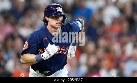 Houston Astros' Jake Meyers runs up the first base line against the Los  Angeles Angels during the fifth inning of a baseball game Saturday, June 3,  2023, in Houston. (AP Photo/David J.