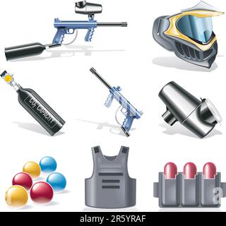 Set of detailed paintball equipment icons Stock Vector