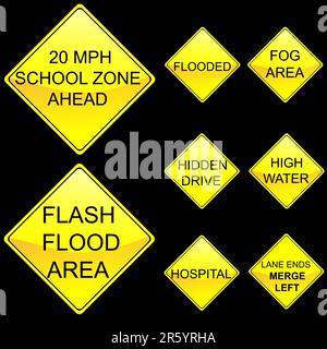 Vector Illustration of Eight Diamond Shape Yellow Road Signs Set 7 Stock Vector