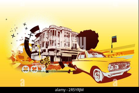 Vector Illustration of old vintage custom collector's car on Urban abstract background in grunge style Stock Vector