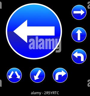 Vector Illustration of Seven Round Shape Blue Road Signs Stock Vector