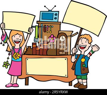 Two kids promote their yard sale. Stock Vector