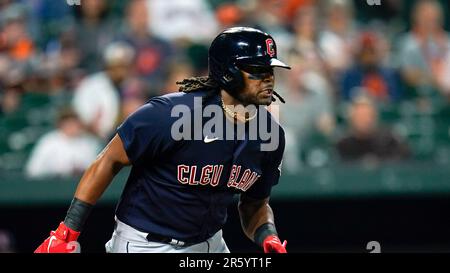 Cleveland Guardians' Josh Bell bats against the Seattle Mariners during the  first inning of a baseball game, Friday, April 7, 2023, in Cleveland. (AP  Photo/Ron Schwane Stock Photo - Alamy