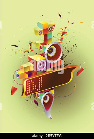 Abstract drawing for music aims. fantastic Figure with musical fragments and details  and a place for any text .Drawing can be used on CD and posters. Stock Vector