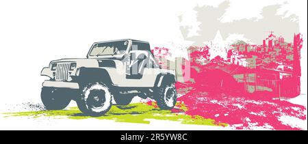 Vector illustration of stylized vintage military vehicle on the grunge urban background Stock Vector