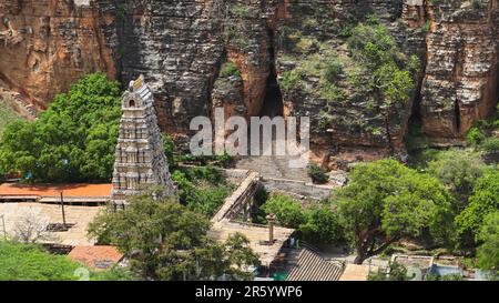 View of Yaganti Temple and Agastya cave from the View Point, Nandyal, Andhra Pradesh, India. Stock Photo