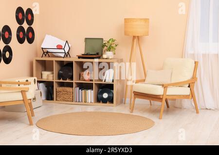 Living room decorated with vinyl records. Interior design Stock Photo ...