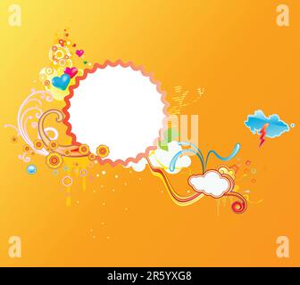 Vector illustration of retro styled design frame made of floral elements and funky hearts Stock Vector