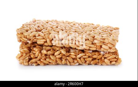 Puffed rice bars (kozinaki) on white background Stock Photo