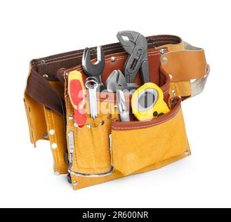 Belt with different tools isolated on white Stock Photo