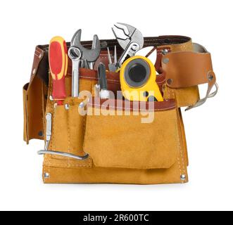 Belt with different tools isolated on white Stock Photo