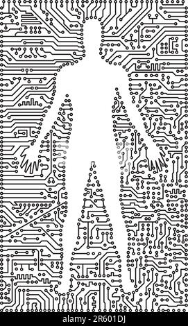 Silhouette of the man in an electronic computer tech background Stock Vector