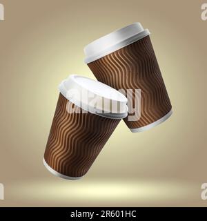 Takeaway paper cups falling on beige background Stock Photo
