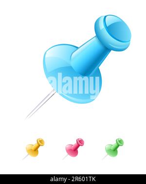 Vector illustration of shiny push pins in a variety of bright colors ...