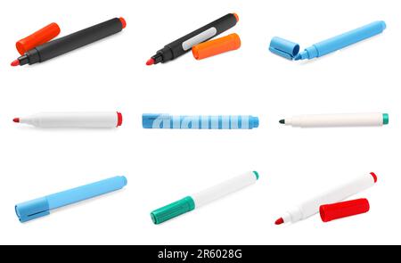 Collage of different bright colorful markers on white background Stock Photo