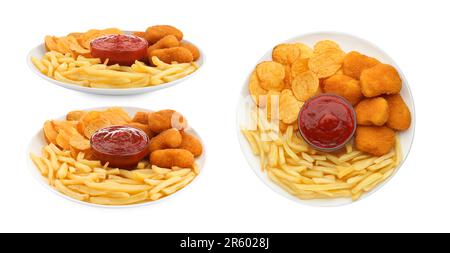 French fries, chicken nuggets and chips served with ketchup on white background, collage design. Views from different sides Stock Photo