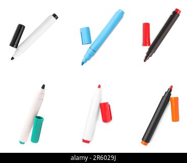Collage of different bright colorful markers on white background Stock Photo