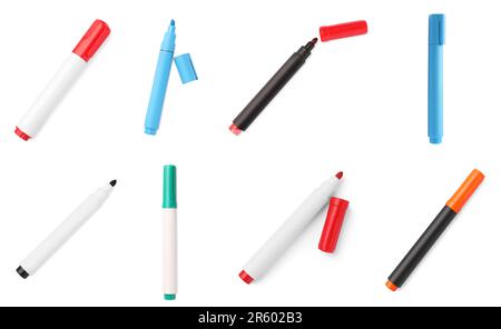 Collage of different bright colorful markers on white background Stock Photo