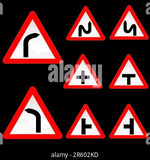 Vector Illustration of Eight Triangle Shape Red White Road Signs Set 1 Stock Vector