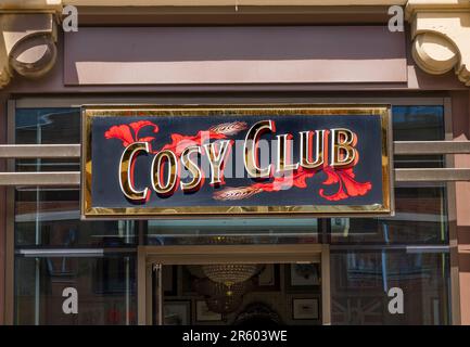 Cosy Club sign over entrance door Cornhill Quarter Lincoln city, Lincolnshire, England, UK Stock Photo