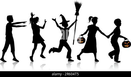 Silhouettes of children playing on Halloween night Stock Vector