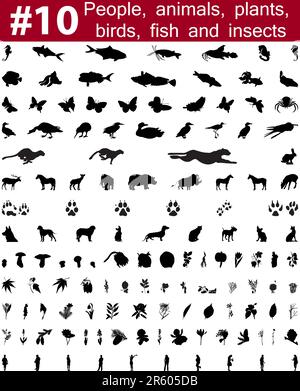 Set # 10. Big collection of collage vector silhouettes of people, animals, birds, fish, flowers and insects Stock Vector