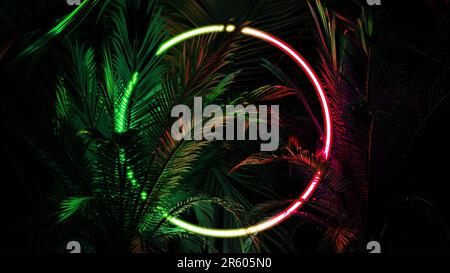 Neon glowing circle ring in palm leaves, tropical dark background. Blue purple yellow green color. Glowing linear volumetric neon round circle. 3d ren Stock Photo